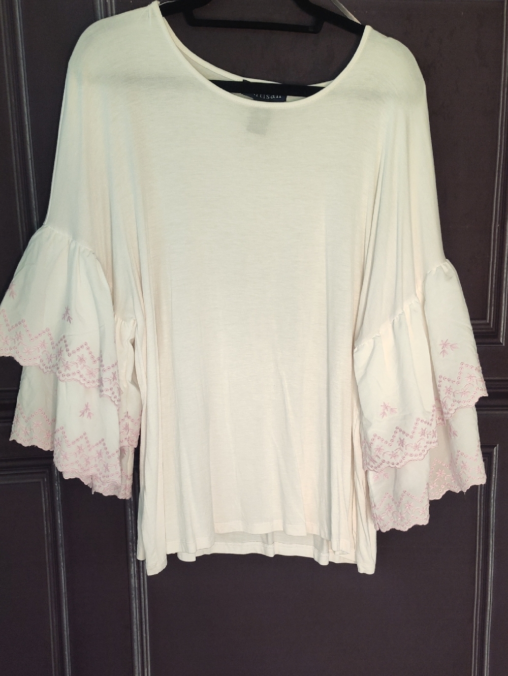 Artisan Cream Tunic with Pink Embroidered Bell Sleeves